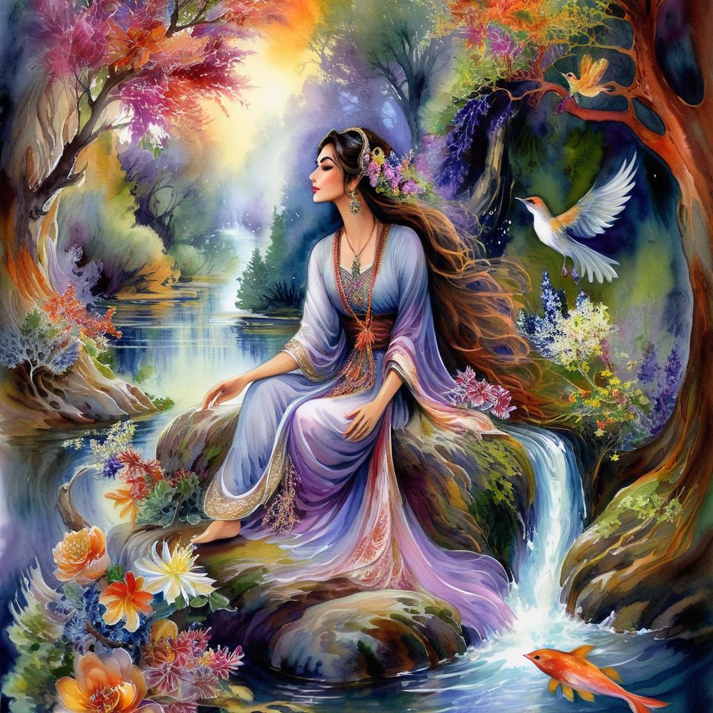 Mystical and spiritual watercolor painting of a beautiful Iranian woman sitting on a rock on a beautiful and peaceful pond in a dense forest with cypress trees, plane trees, grapevines, winding bonsai trees, and a whirlwind of colorful flowers and beautiful.