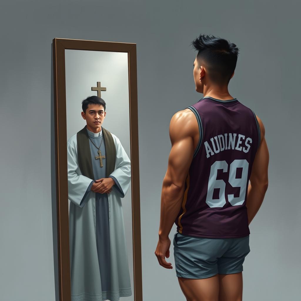 A realistic portrayal of a lean, athletic built Filipino man with visible muscle cuts and a military haircut
