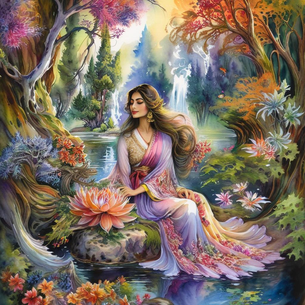 Mystical and spiritual watercolor painting of a beautiful Iranian woman sitting on a rock on a beautiful and peaceful pond in a dense forest with cypress trees, plane trees, grapevines, winding bonsai trees, and a whirlwind of colorful flowers and beautiful.