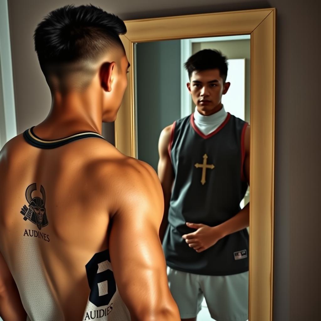A lean, athletic built Filipino man with visible muscles and defined cuts, sporting a military haircut