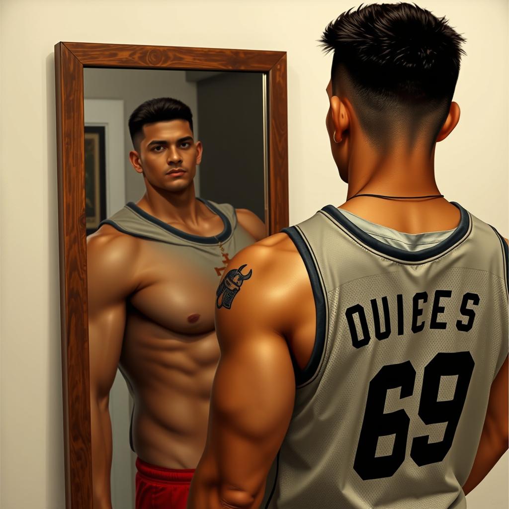 A lean, athletic built Filipino man with visible muscles and defined cuts, featuring a military haircut