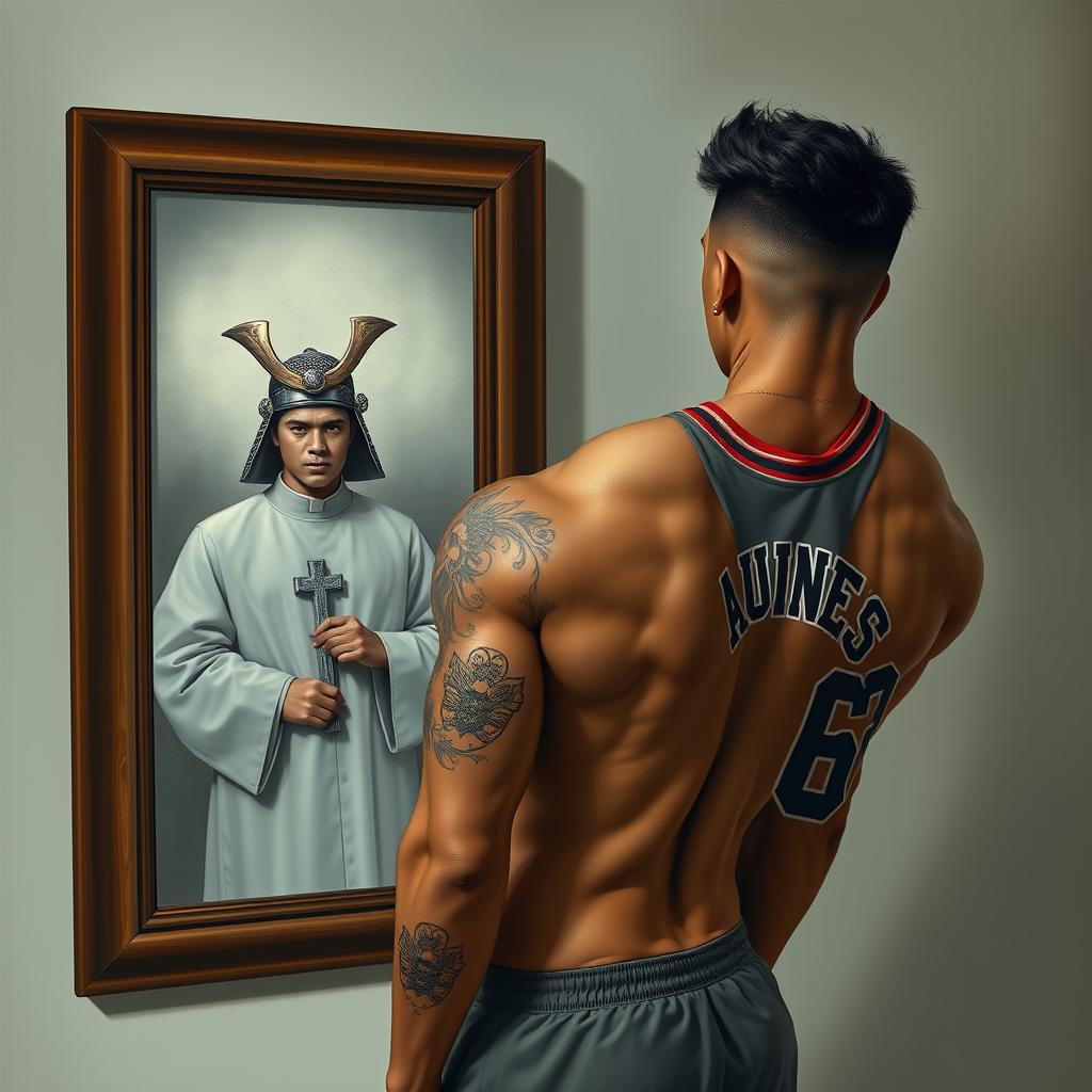 A lean, athletic built Filipino man with visible muscles and defined cuts, featuring a military-style haircut