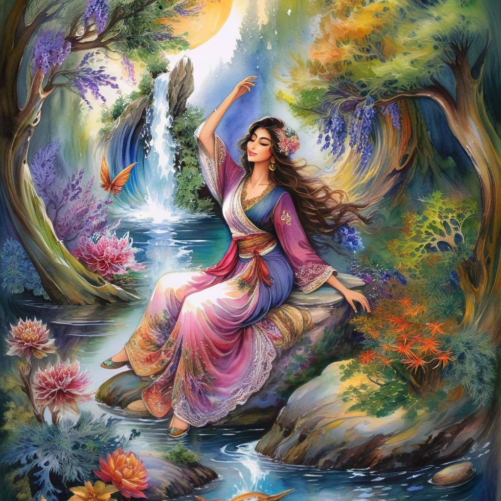 Mystical and spiritual watercolor painting of a beautiful Iranian woman sitting on a rock on a beautiful and peaceful pond in a dense forest with cypress trees, plane trees, grapevines, winding bonsai trees, and a whirlwind of colorful flowers and beautiful.