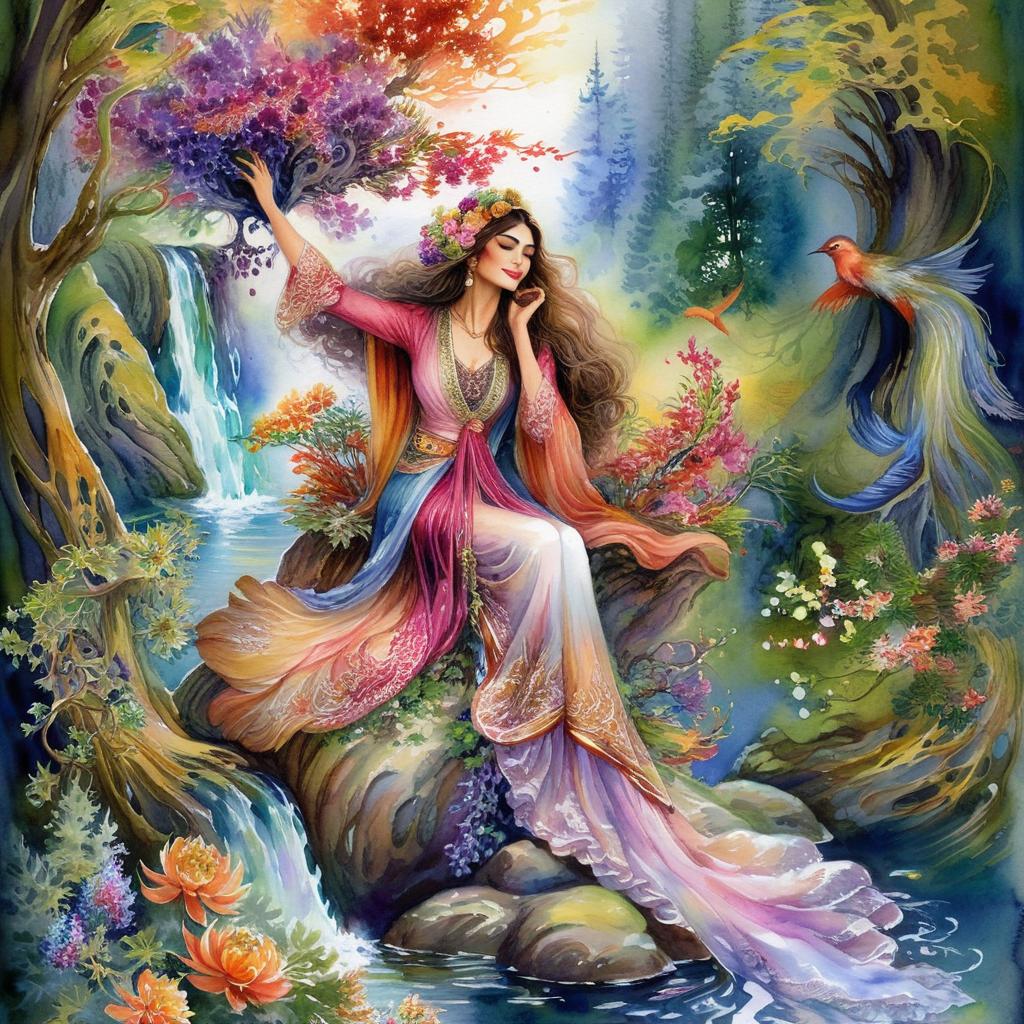 Mystical and spiritual watercolor painting of a beautiful Iranian woman sitting on a rock on a beautiful and peaceful pond in a dense forest with cypress trees, plane trees, grapevines, winding bonsai trees, and a whirlwind of colorful flowers and beautiful.