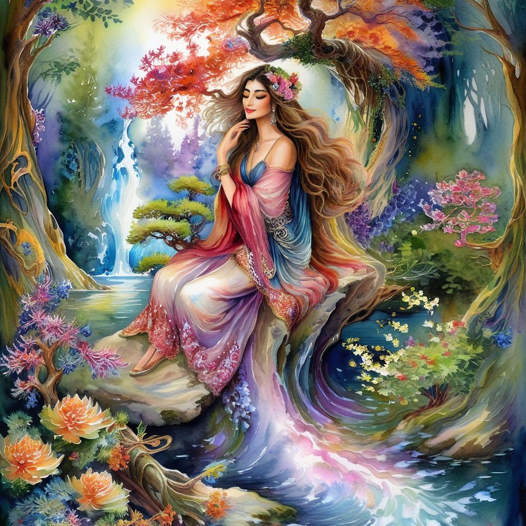 Mystical and spiritual watercolor painting of a beautiful Iranian woman sitting on a rock on a beautiful and peaceful pond in a dense forest with cypress trees, plane trees, grapevines, winding bonsai trees, and a whirlwind of colorful flowers and beautiful.