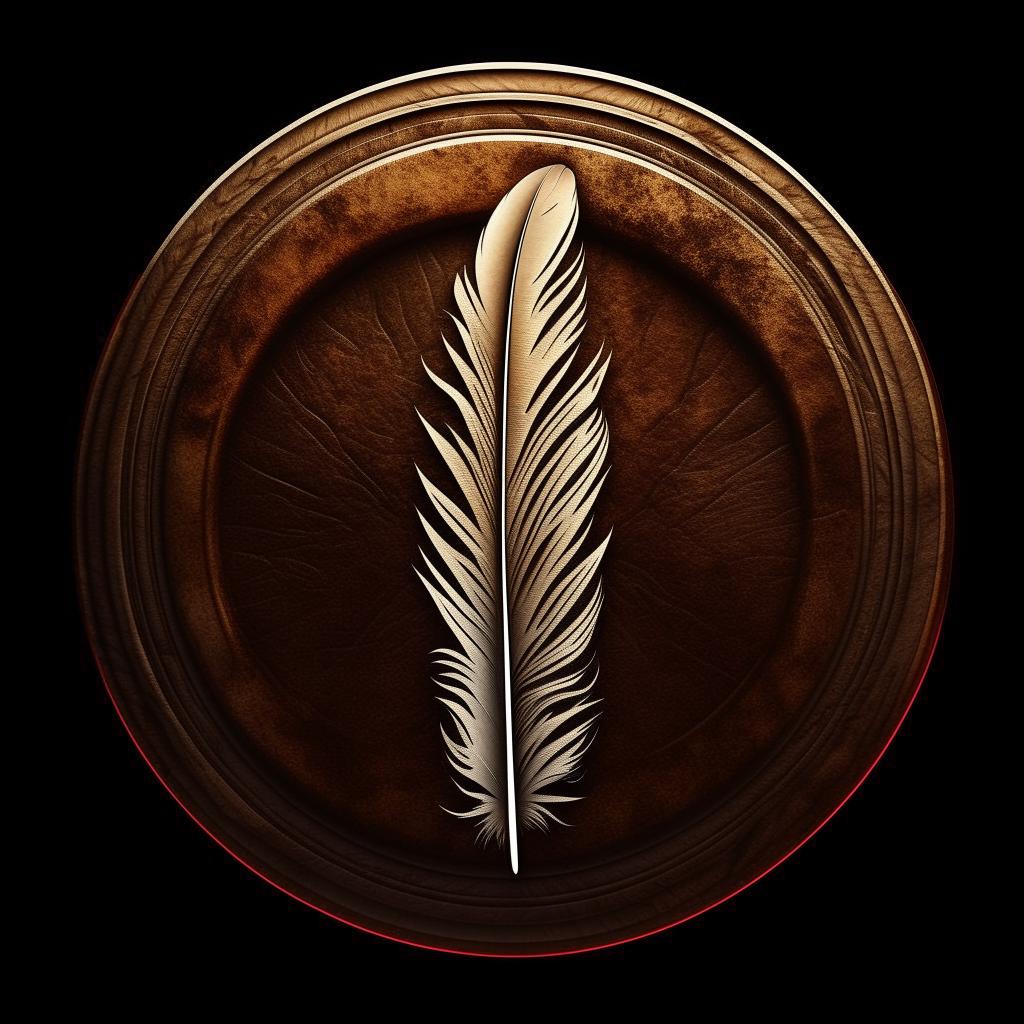 Design a high-definition circular logo for country music featuring a quill feather in the middle, enhanced with creative overlays and textures to depict the essence of country music.