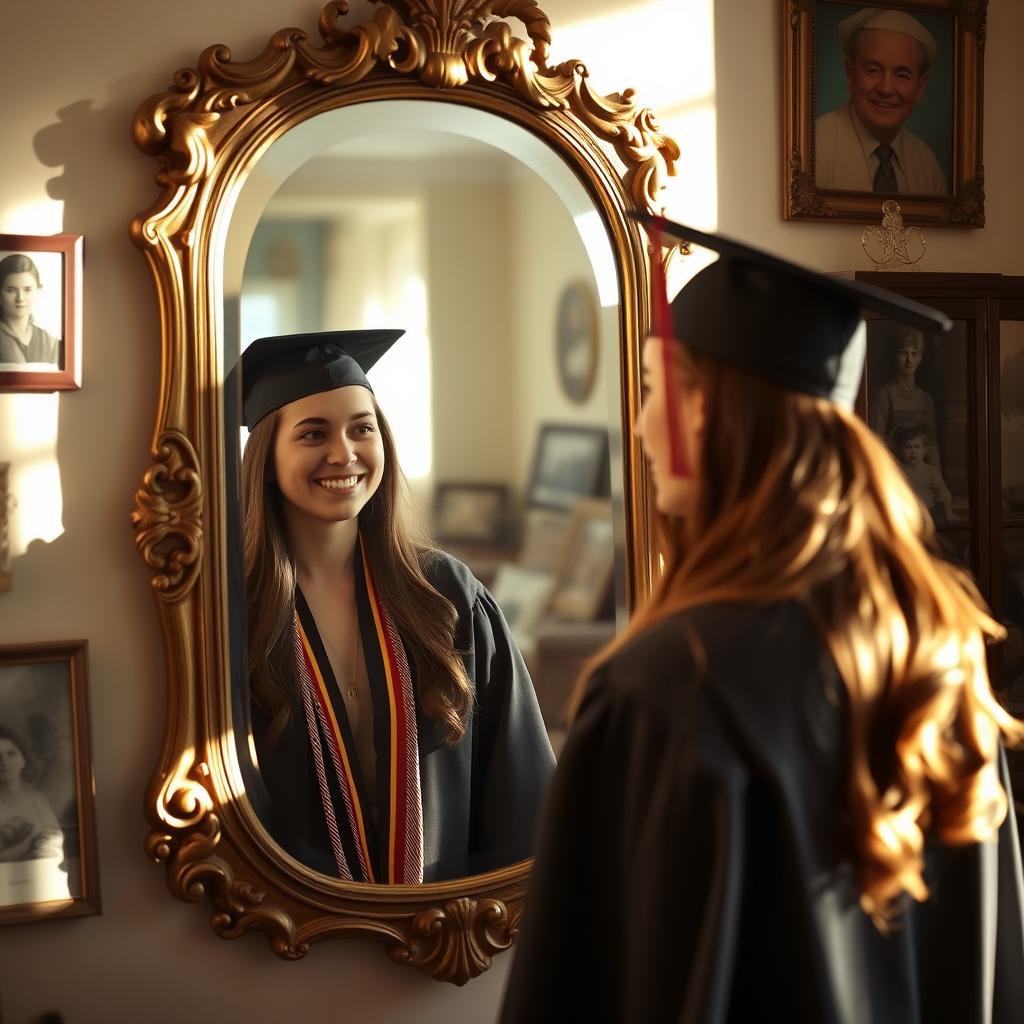 A young woman in a graduation cap and toga, joyfully admiring herself in the ornate mirror of her grandfather
