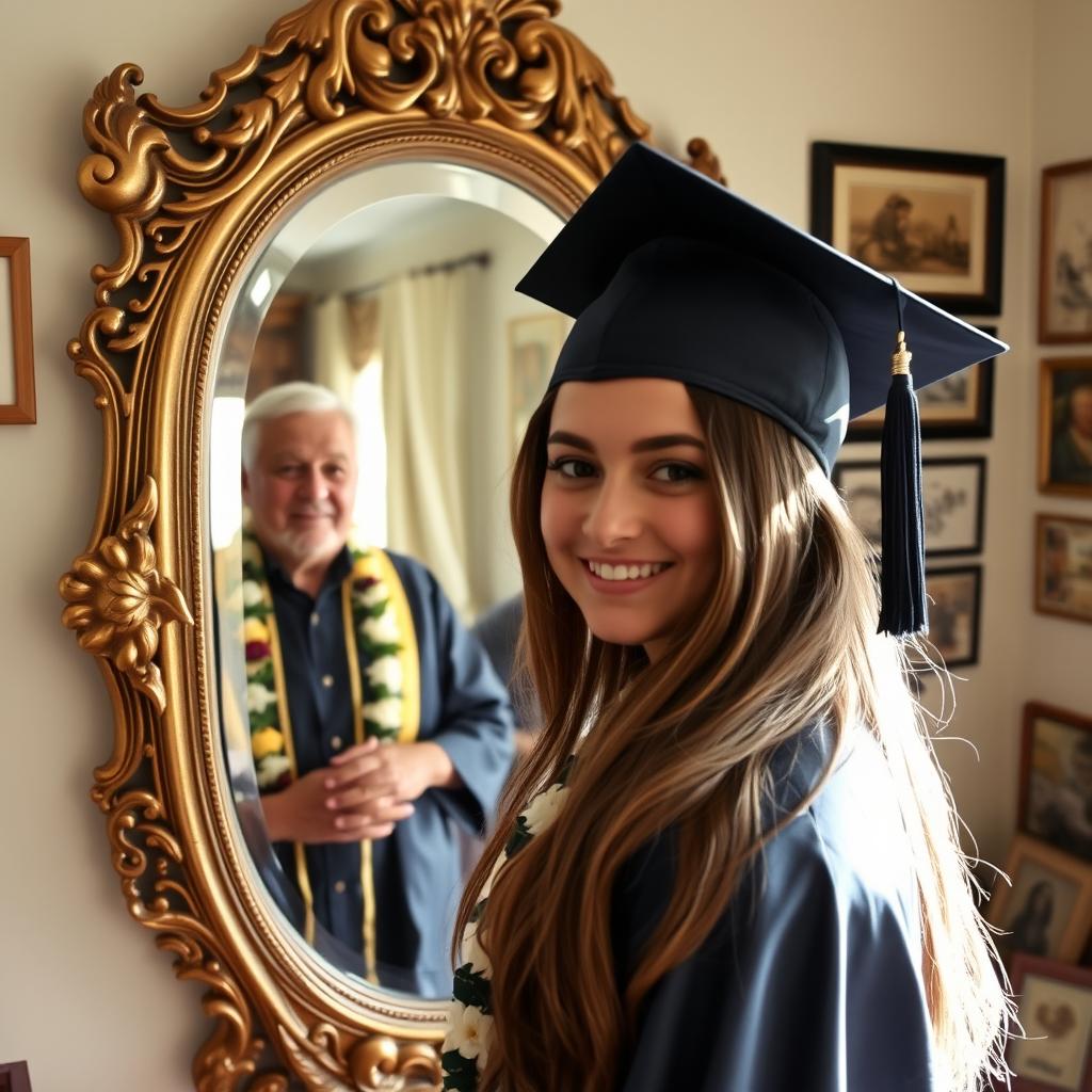 A young woman in a graduation cap and toga, proudly facing a beautiful ornate mirror