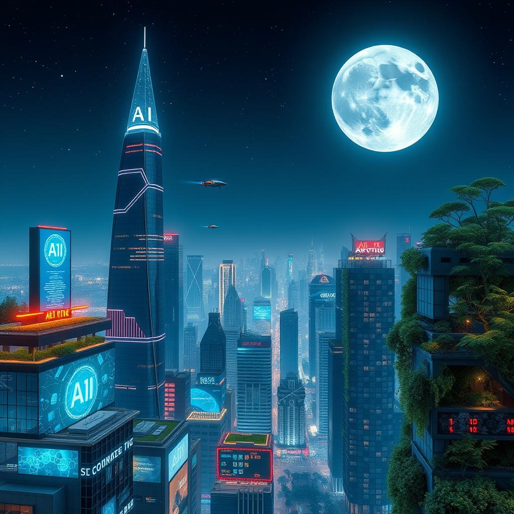 An artificial intelligence-themed image showcasing a futuristic cityscape at night, illuminated with neon lights and digital screens displaying AI algorithms
