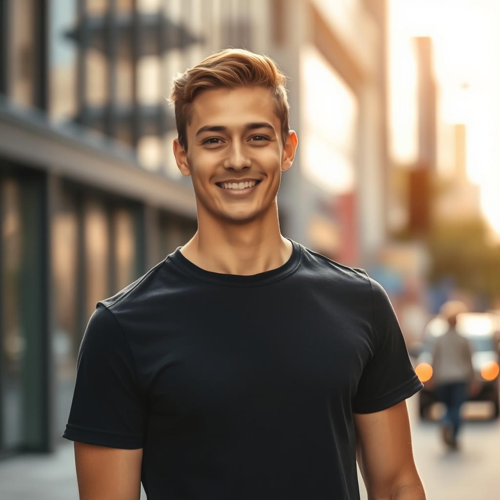 A very realistic photograph of a young man standing confidently in an urban environment
