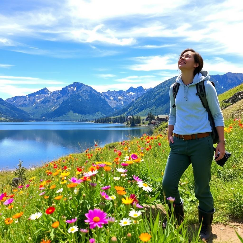 A beautiful landscape featuring a serene lake surrounded by majestic mountains under a clear blue sky