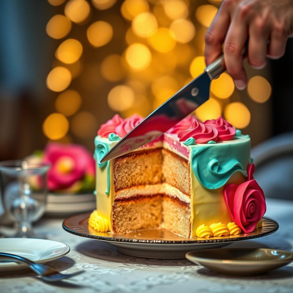 A beautifully decorated cake being sliced, with vibrant colors and intricate frosting designs, displayed in a realistic manner
