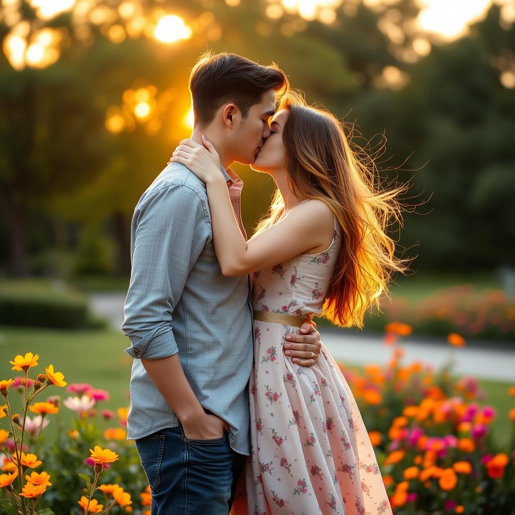 A romantic scene featuring a couple, a boyfriend and girlfriend, embracing and sharing a passionate kiss