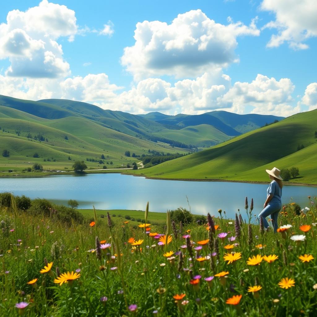 A beautifully serene landscape featuring rolling hills, a clear blue sky with soft, fluffy clouds, and a tranquil lake reflecting the scenery
