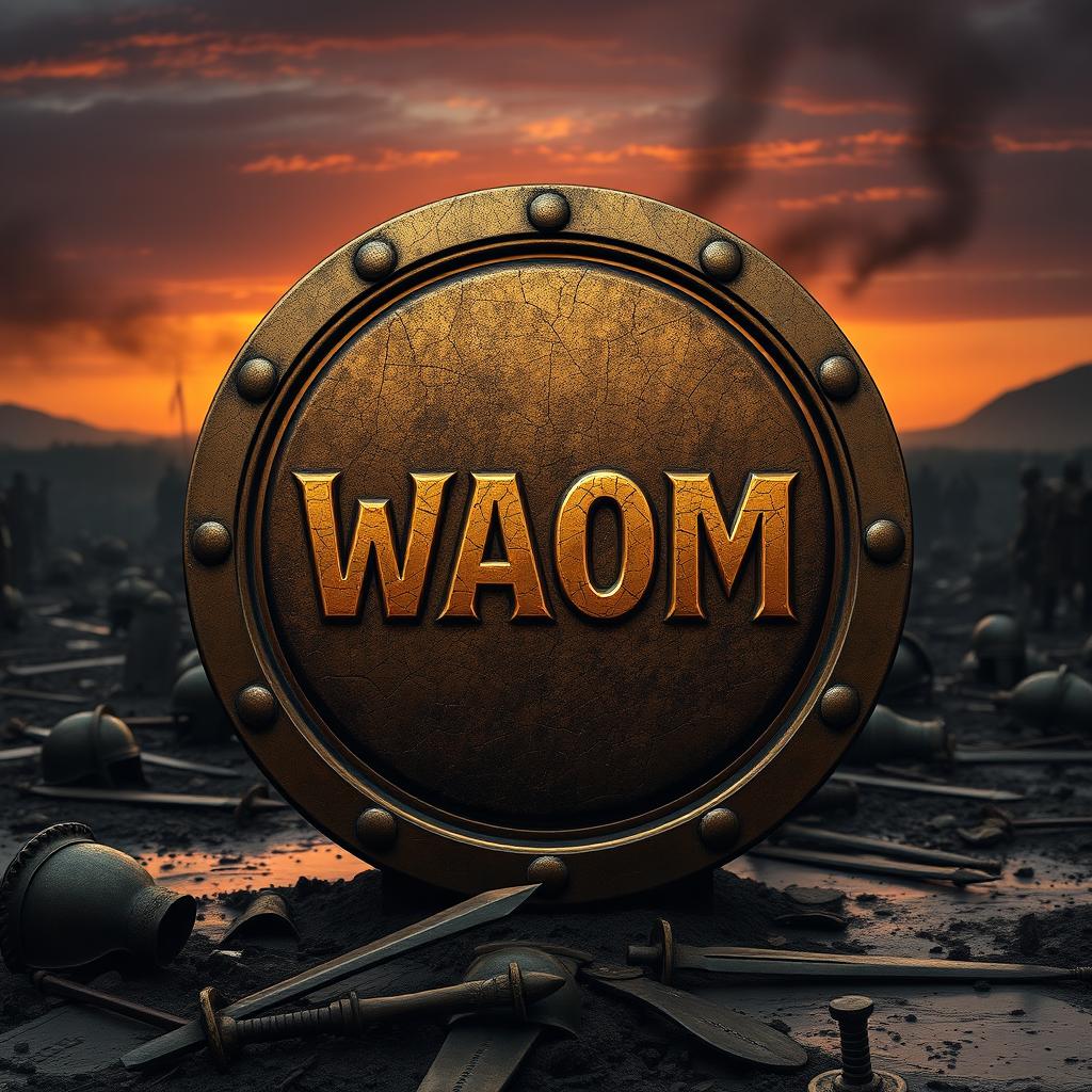 A circular emblem featuring the acronym 'WAOM' prominently engraved in the center, designed with a bold, ancient Roman serif font exhibiting a cracked gold or marble effect