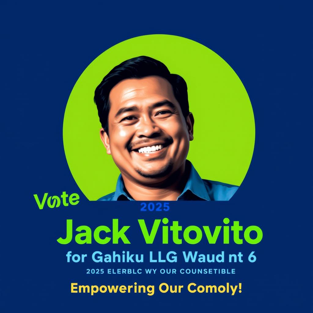 A vibrant 2025 election poster for Jack Vitovito, running for the Gahuku LLG Ward 6 counselor seat