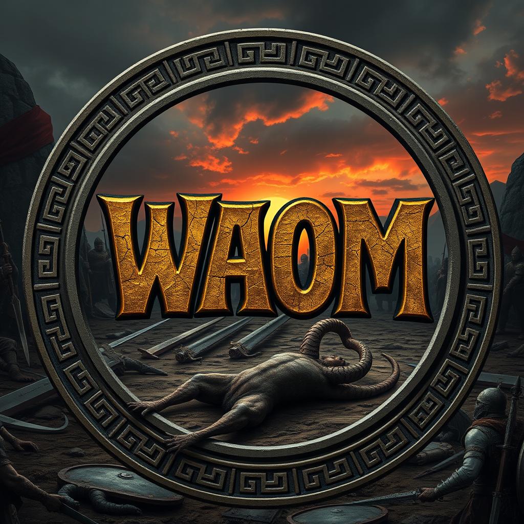 A highly detailed circular logo featuring the acronym 'WAOM' in ancient rune-style letters at the center, the letters appearing cracked and weathered as if carved from stone or bronze, enhanced with a dark gold metallic effect