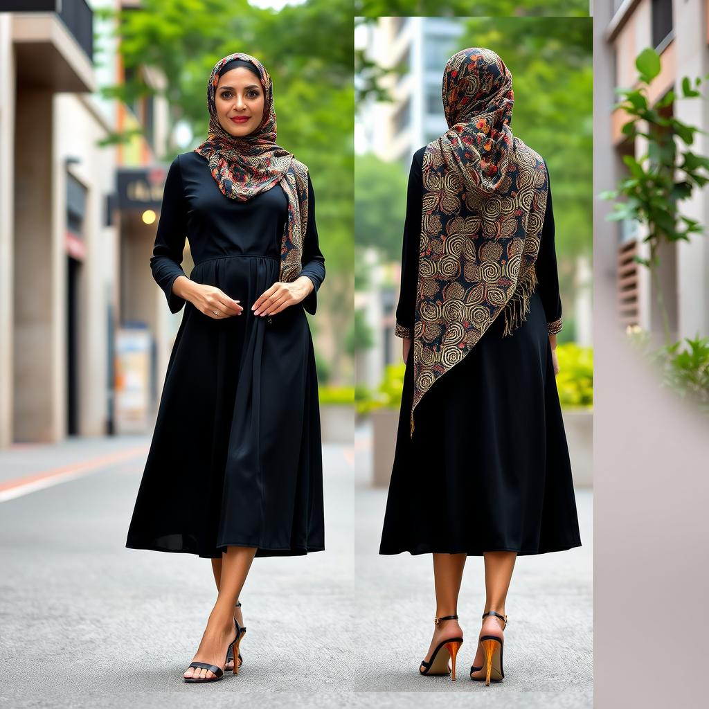 A stylish 40-year-old woman wearing a beautifully patterned hijab and elegant, 7-inch high heel mules