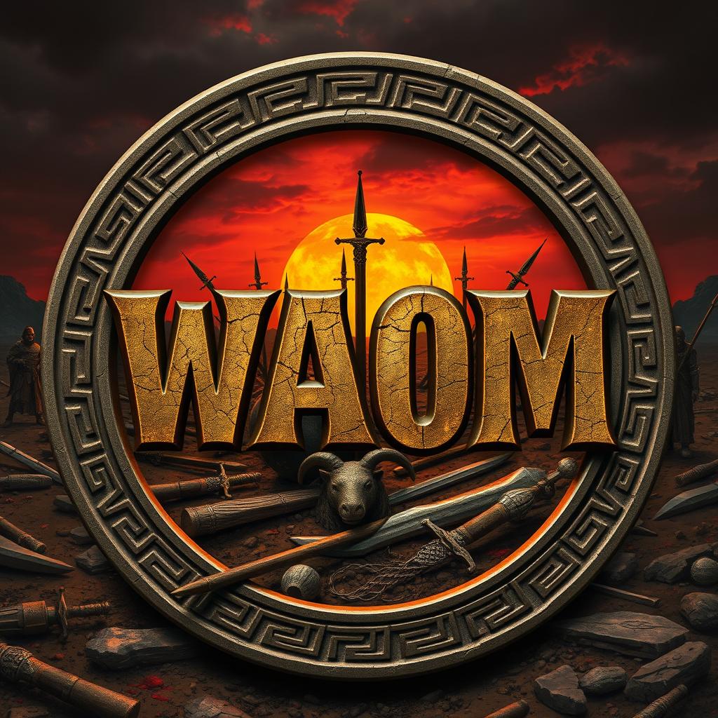 A highly detailed circular logo with the acronym 'WAOM' carved in ancient rune-style letters at the center