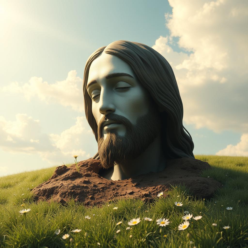 A surreal artwork depicting a serene scene with the head of Jesus partially buried in the ground, with 1/4 of his head submerged in soil and 3/4 of it exposed, showcasing tranquil facial features and a calming expression