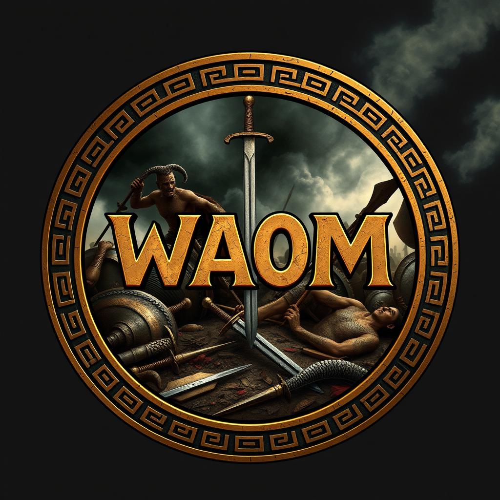 A circular logo styled as an ancient Greek medallion featuring the initials 'WAOM' at the center, engraved in stylized Greek letters that appear to be made of oxidized metal or carved stone