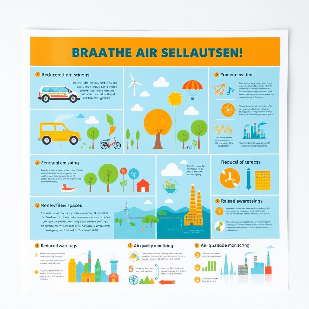 An informative infographic layout on a large sheet of bond paper, illustrating effective strategies to combat air pollution