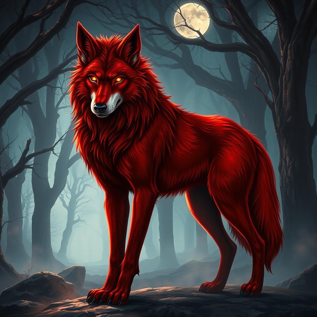A female werewolf with striking red fur, standing in a mystical forest