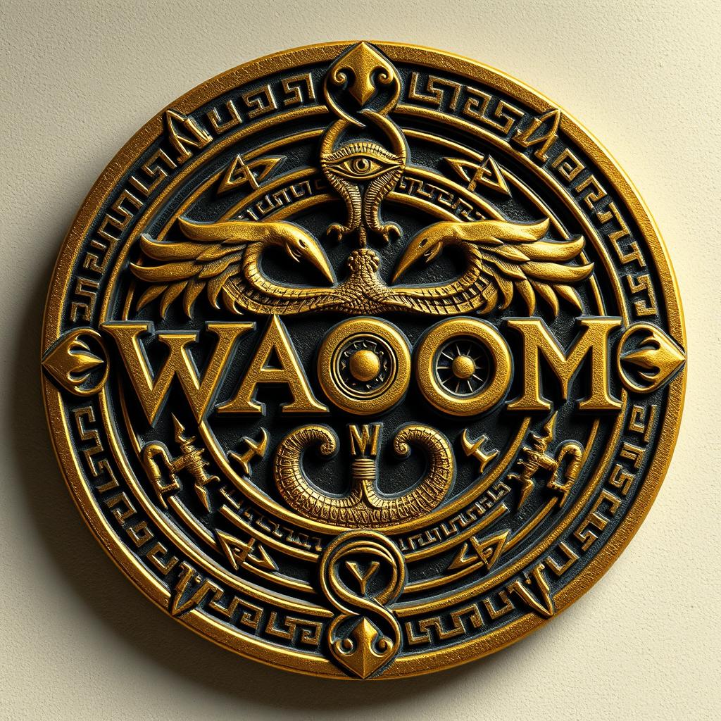A mystical circular logo featuring the letters 'WAOM' intricately fused with Nordic runes, Greek symbols, and Egyptian hieroglyphs