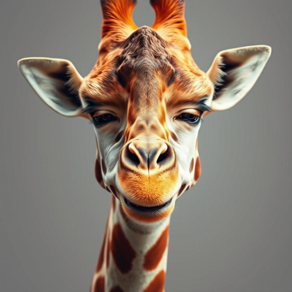 A surreal and whimsical image featuring a giraffe's body with a human face seamlessly merged into it, covering about 20% of the face