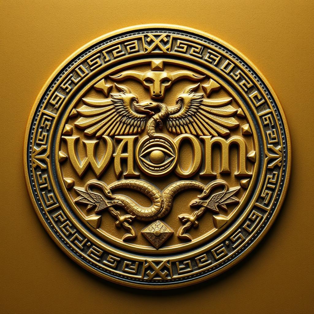 A mystical circular logo featuring the letters 'WAOM' intricately intertwined with Nordic runes, Greek symbols, and Egyptian hieroglyphics