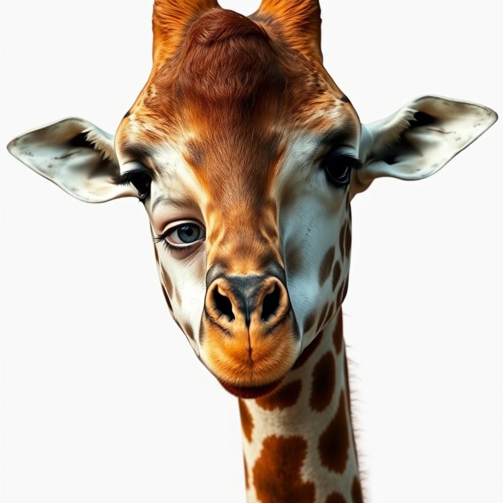 A surreal and artistic portrait featuring a human face seamlessly merging with the neck and head of a giraffe, creating a harmonious blend between the two subjects