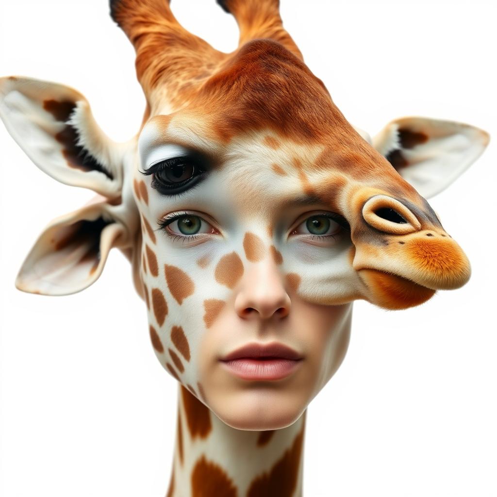 A creatively blended portrait featuring a human face seamlessly merged with 20% of a giraffe's face, showcasing the giraffe's distinctive patterns and features alongside the human's facial attributes