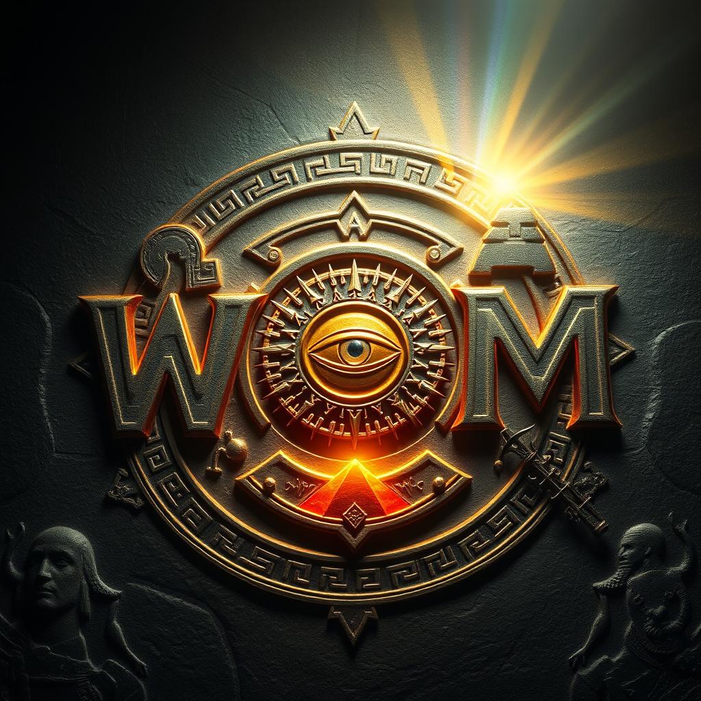 An ancient divine emblem featuring the letters 'WAOM' intricately designed: W is constructed from Thor's hammer fused with Anubis' staff, A displays Horus' eye nestled within Athena's shield, O showcases Odin's runes circling around Ra's radiant sun, and M is formed by Poseidon's trident positioned between Egyptian pyramids