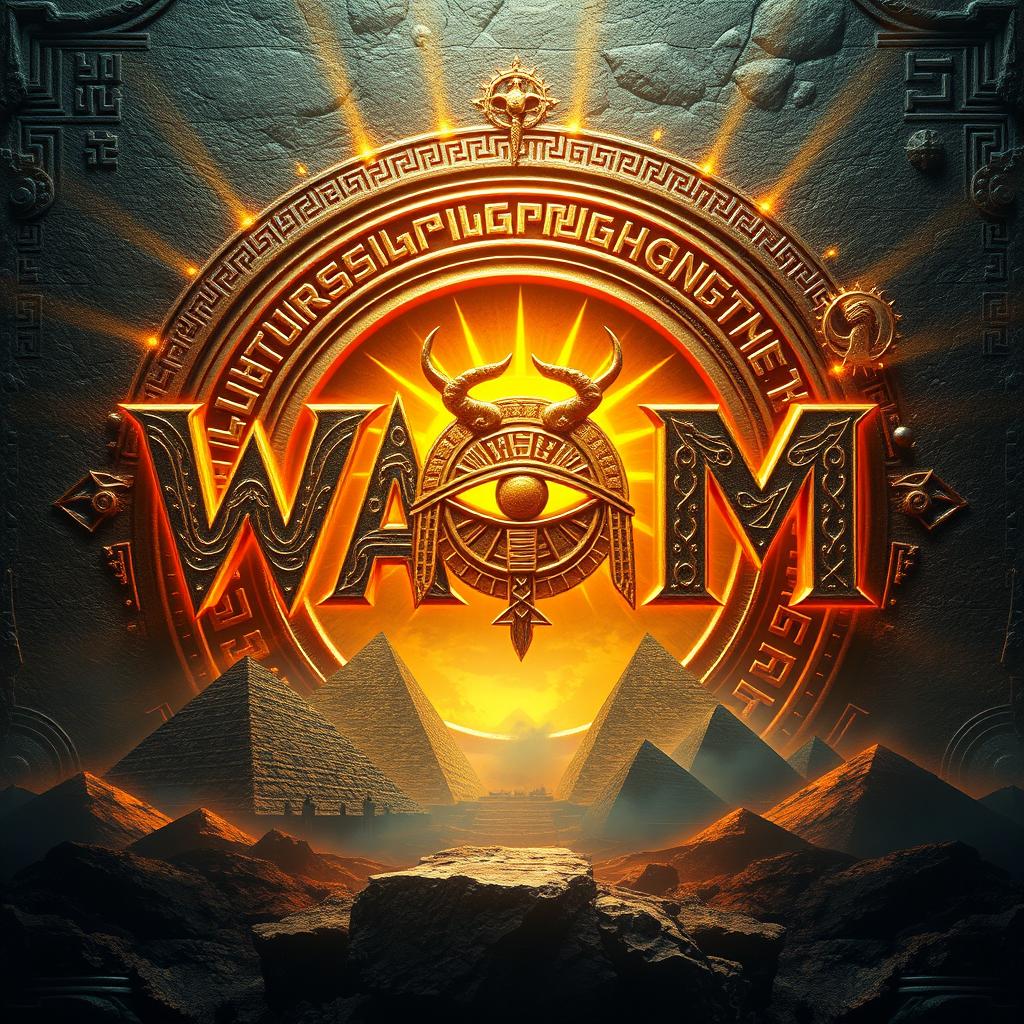 Ancient divine emblem featuring the letters 'WAOM' magically formed as follows: W - Thor's hammer intricately fused with Anubis' staff, A - Horus' eye beautifully embedded inside Athena's shield, O - Odin's runes elegantly circling Ra's radiant sun, and M - Poseidon's trident majestically placed between grand pyramids