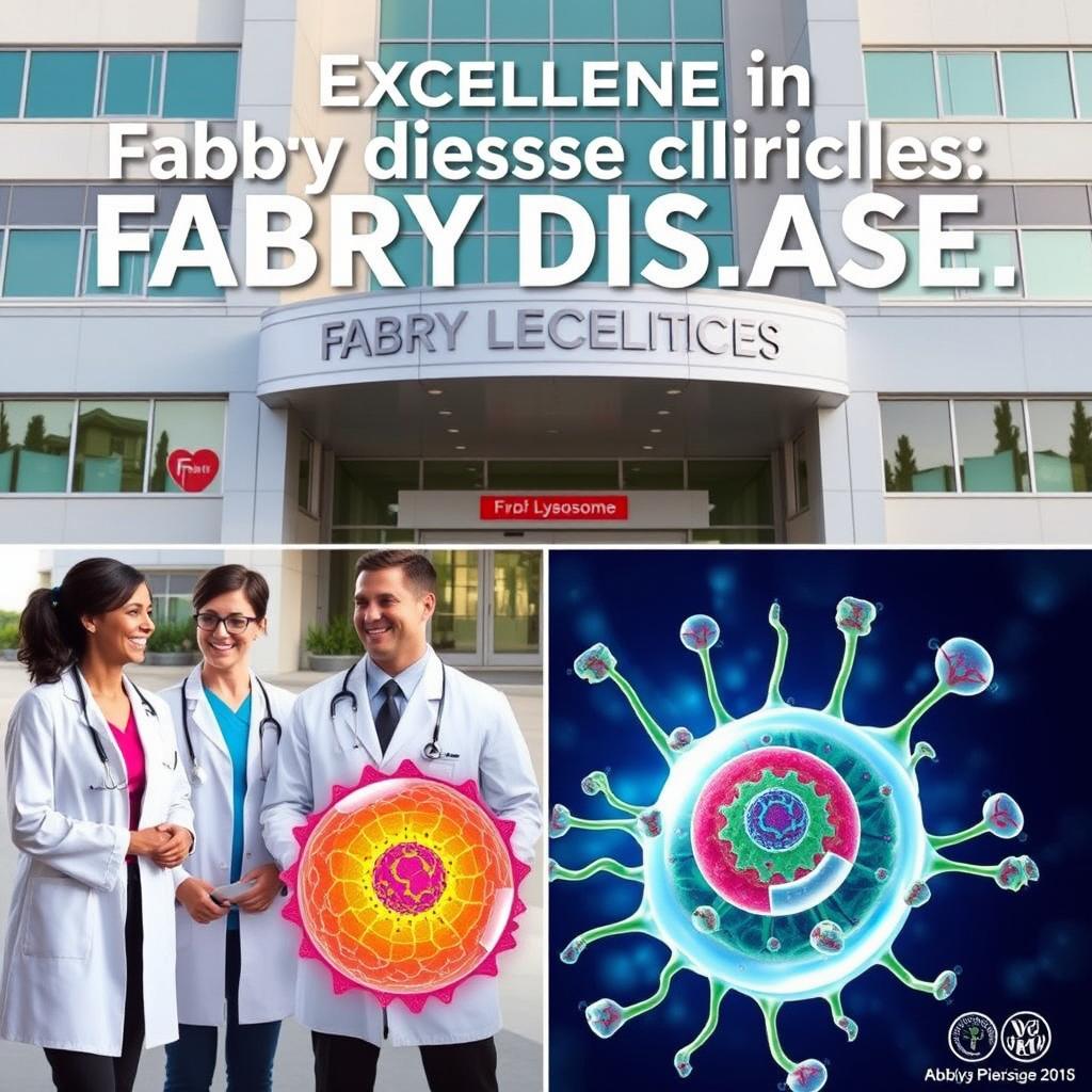 A poster showcasing excellence in Fabry disease clinics, featuring a modern hospital building, friendly doctors in lab coats interacting with patients, and an artistic representation of lysosomes to illustrate the cellular aspect of the disease