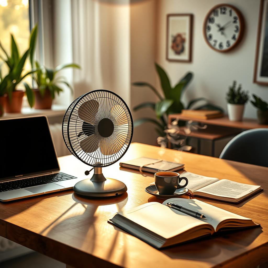 A beautifully arranged workspace featuring a stylish desk fan on a sleek wooden desk