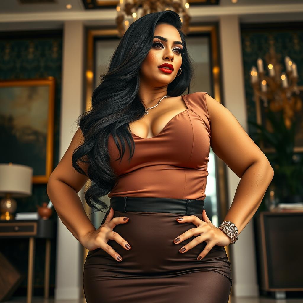A very heavy buxom curvy Arab bimbo Mistress Boss, viewed from a low angle that emphasizes her commanding presence