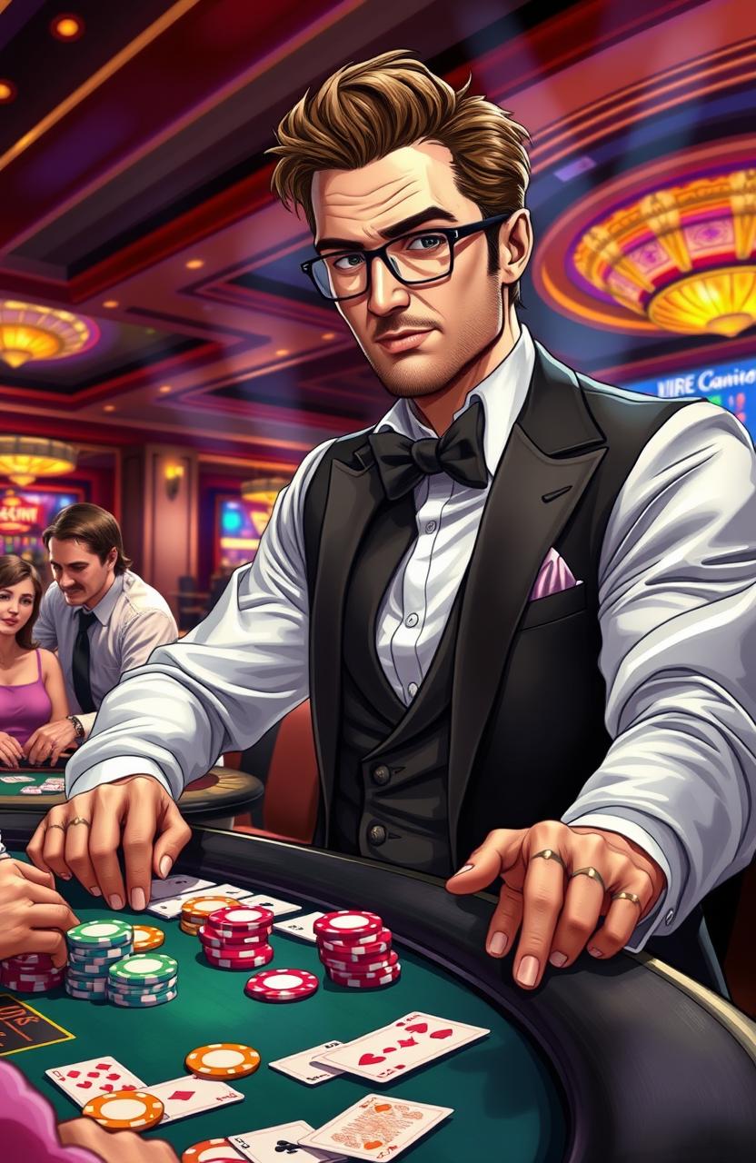 A detailed illustration depicting a successful gambler at a casino