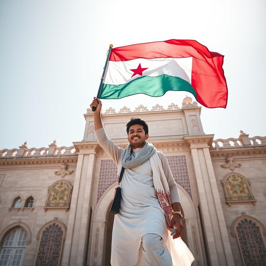 A young man proudly raising the flag of Yemen above Bab Al-Yemen, standing with a weapon in his hand