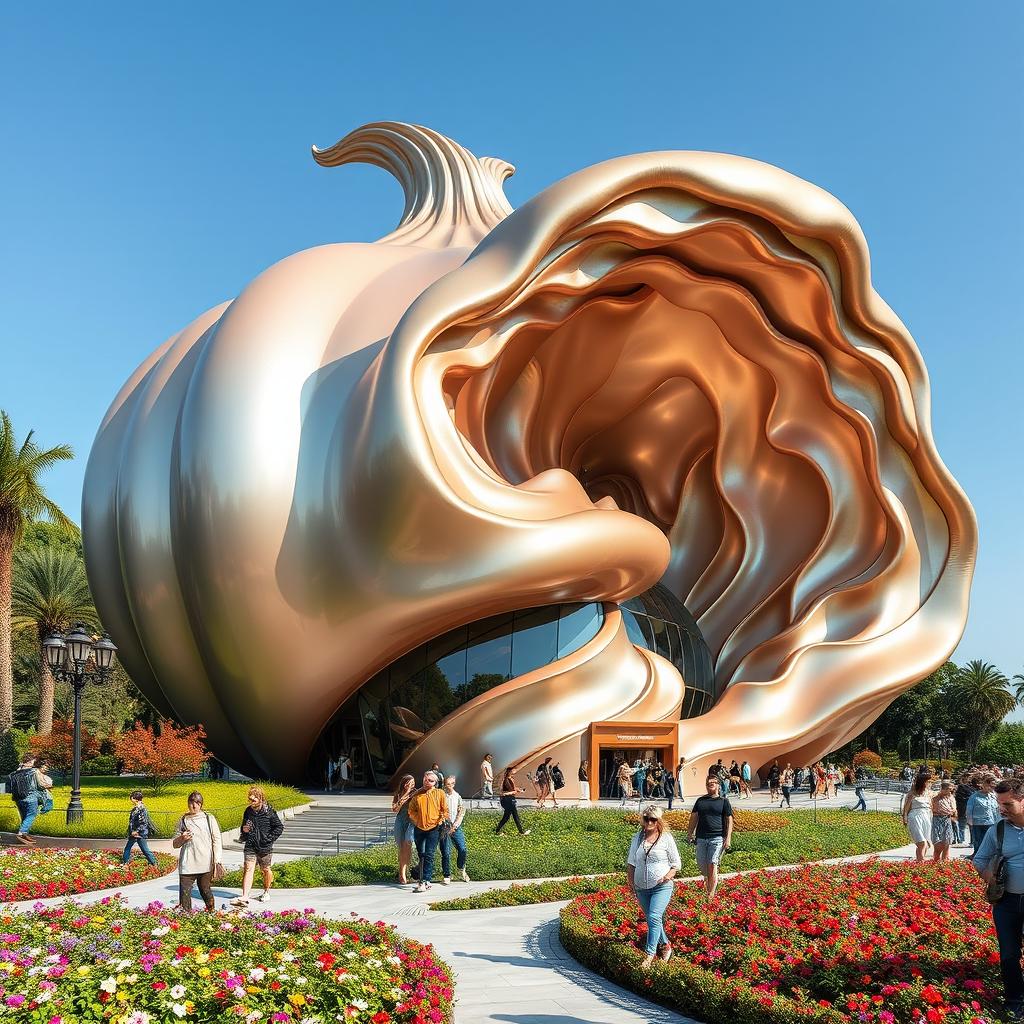 A unique architectural building resembling an onion, with swirling organic shapes and layers that mimic the texture and form of an onion