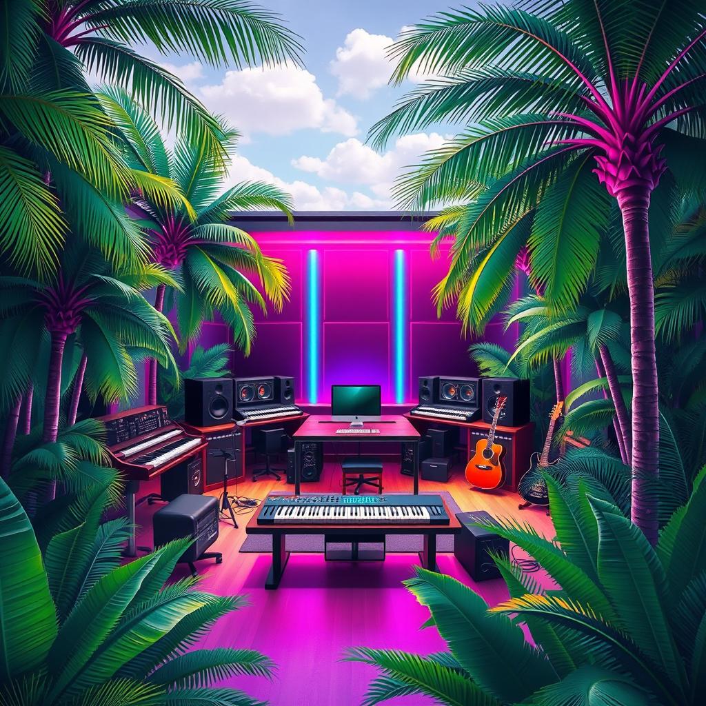A vibrant and colorful graphic of a music studio set within a lush tropical environment filled with palm trees