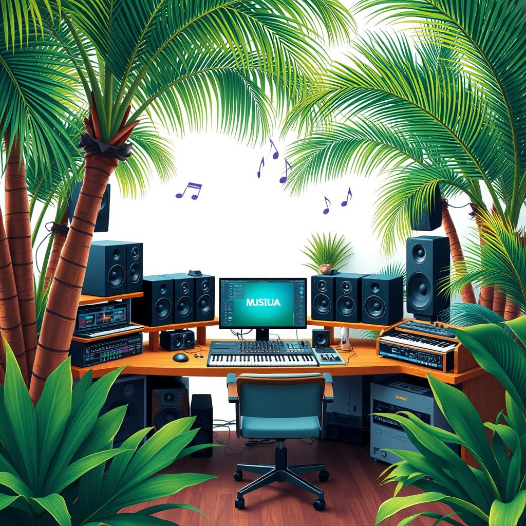 A stylish PNG graphic of a music studio nestled among palm trees, featuring a sleek desk filled with high-tech music production equipment like mixing boards, monitors, and synthesizers