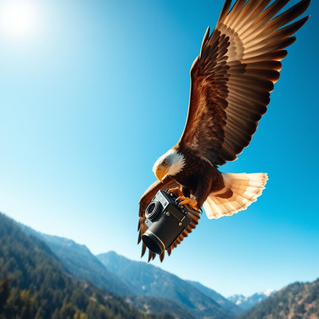 A majestic eagle soaring through a bright blue sky, gripping a vintage camera in its talons