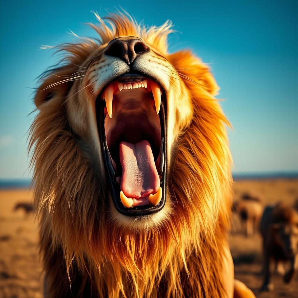 A close-up of a majestic lion with its mouth wide open, roaring powerfully, showcasing sharp teeth and a flowing mane