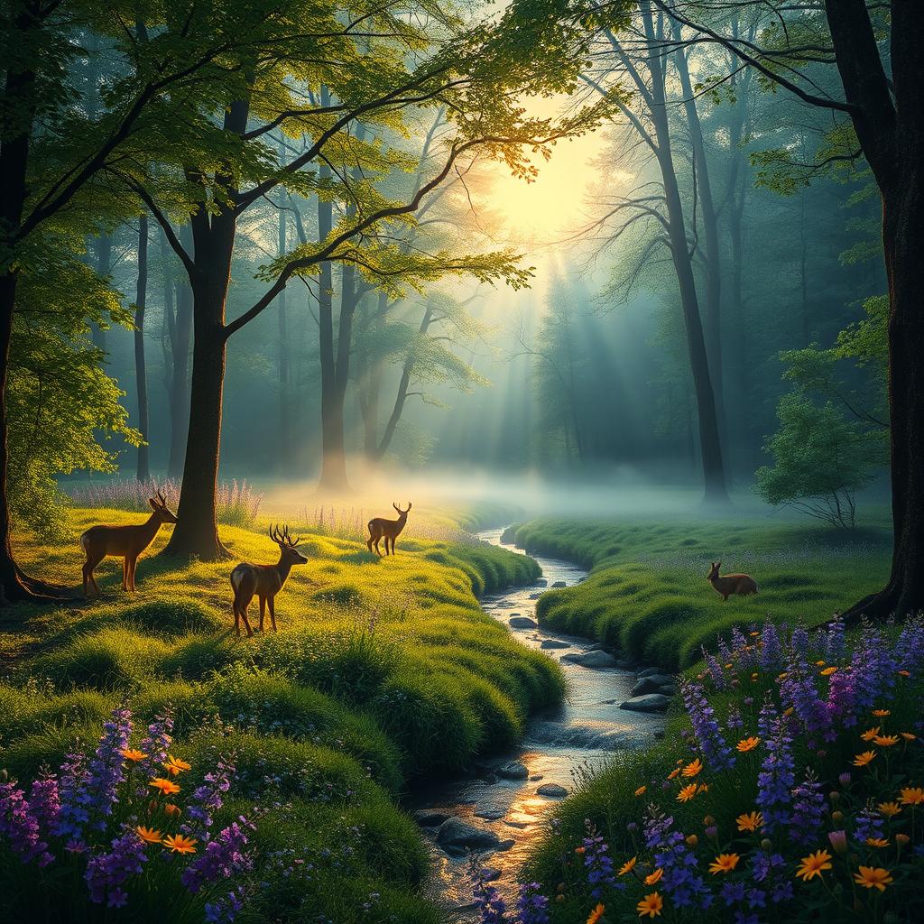 A breathtaking landscape featuring a mystical forest in the early morning light