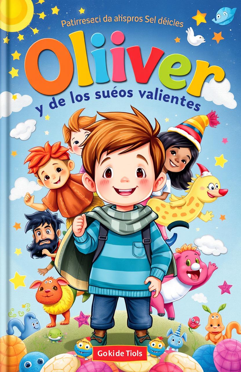Children's book cover featuring a brave young boy named Oliver, surrounded by a diverse group of imaginative friends, each representing different dreams and aspirations