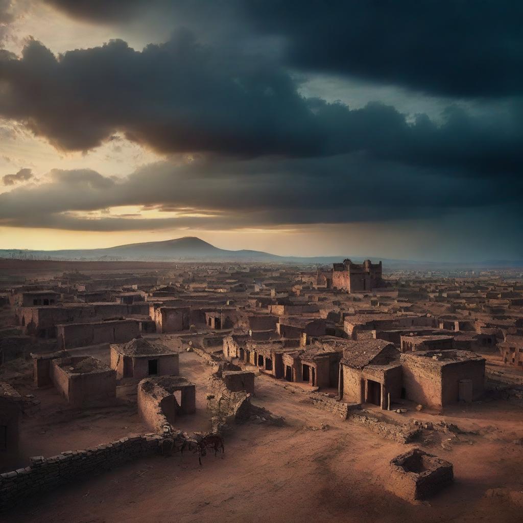 Epic cinematic shot of a primitive, ancient town under a vast, dramatic sky at twilight.