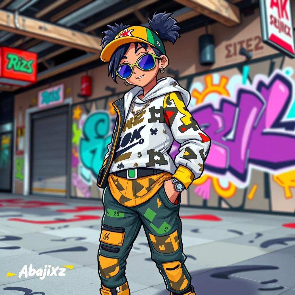 A vibrant and eye-catching digital artwork featuring a fashionable character wearing a trendy abajixz outfit
