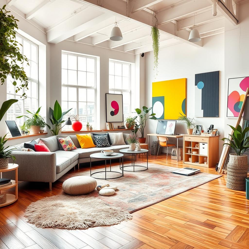 A vibrant and contemporary studio space named 'TRENDY ABAJIXZ', showcasing the latest trends in interior design