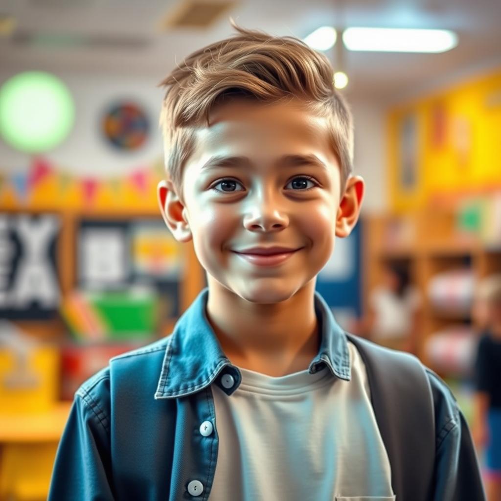 A striking boy in his first year of middle school, radiating good vibes with soft, kind eyes